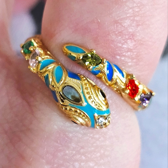 18KT GOLD/925 STERLING SILVER TURQUOISE DIAMOND EMERALD SNAKE ADJUSTABLE RING - Picture 15 of 16